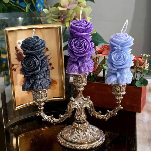 Handmade Rose Pillar Candle Set • 3 Handmade Floral Candles - Picture 1 of 1